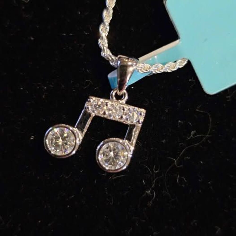 .58CTW VVSD Moissanite Notes pendant on 18" rope chain in .925 Sterling silver